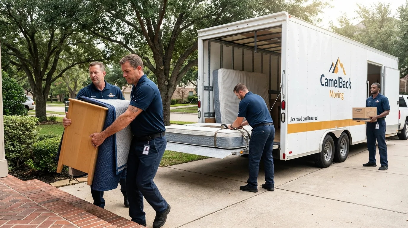 Crew loading residential truck for cross-state move from Elk City, OK