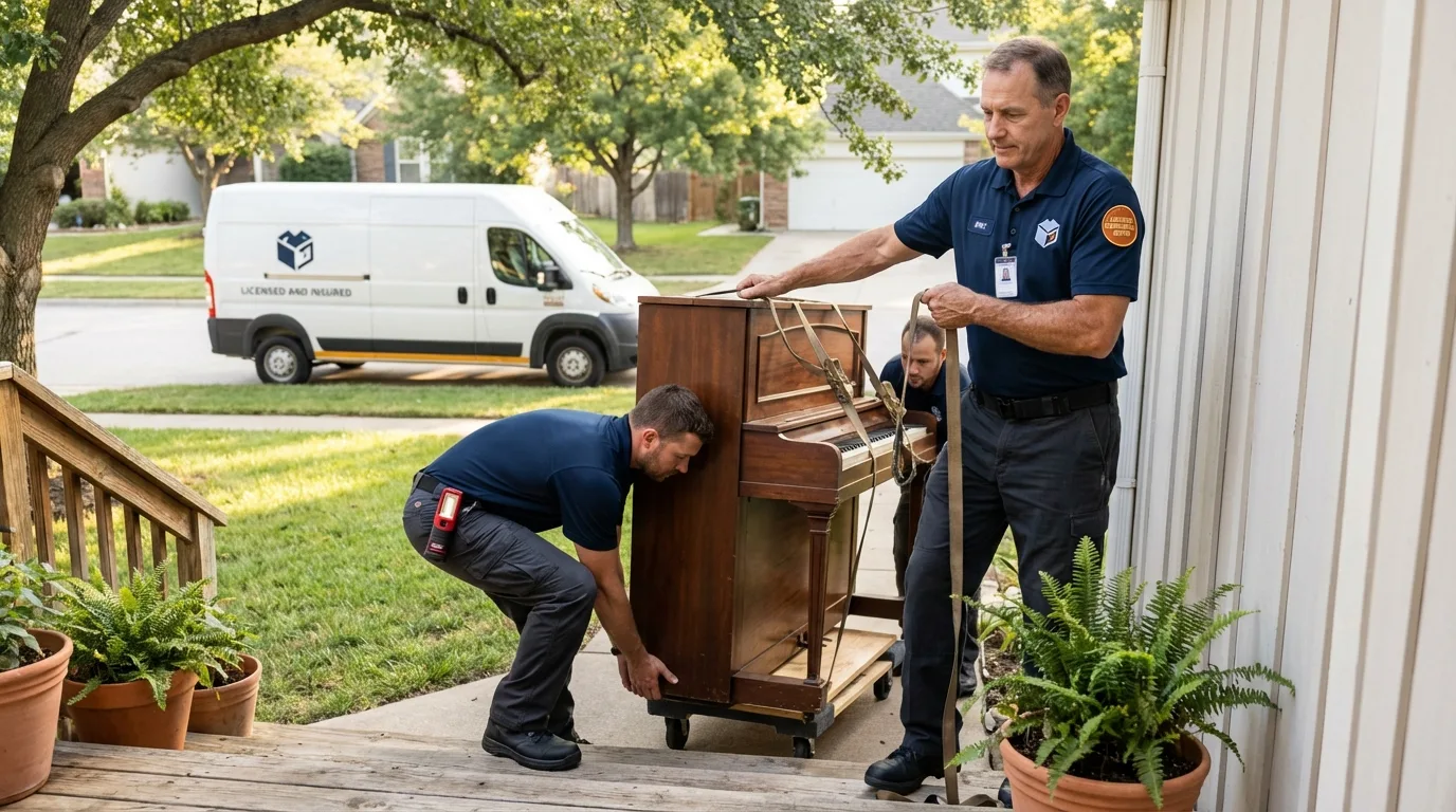 Licensed piano movers securing grand piano in Elk City, OK