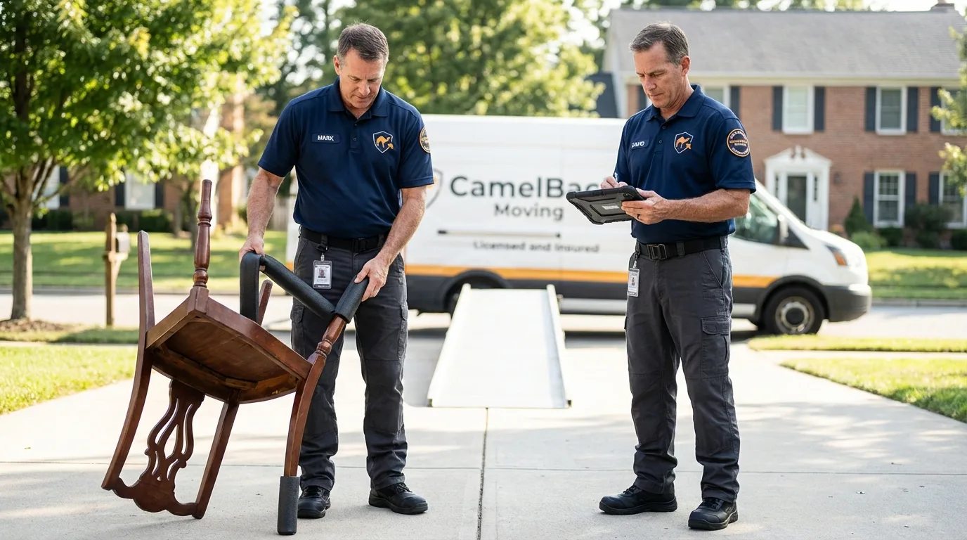 Movers inspecting furniture for damage prevention before loading in Elk City, OK