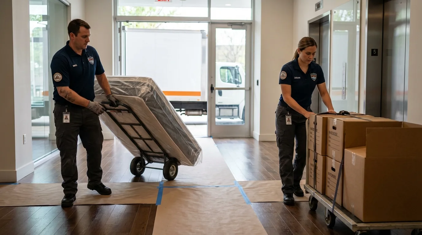 Professional apartment movers loading elevator in Elk City, OK