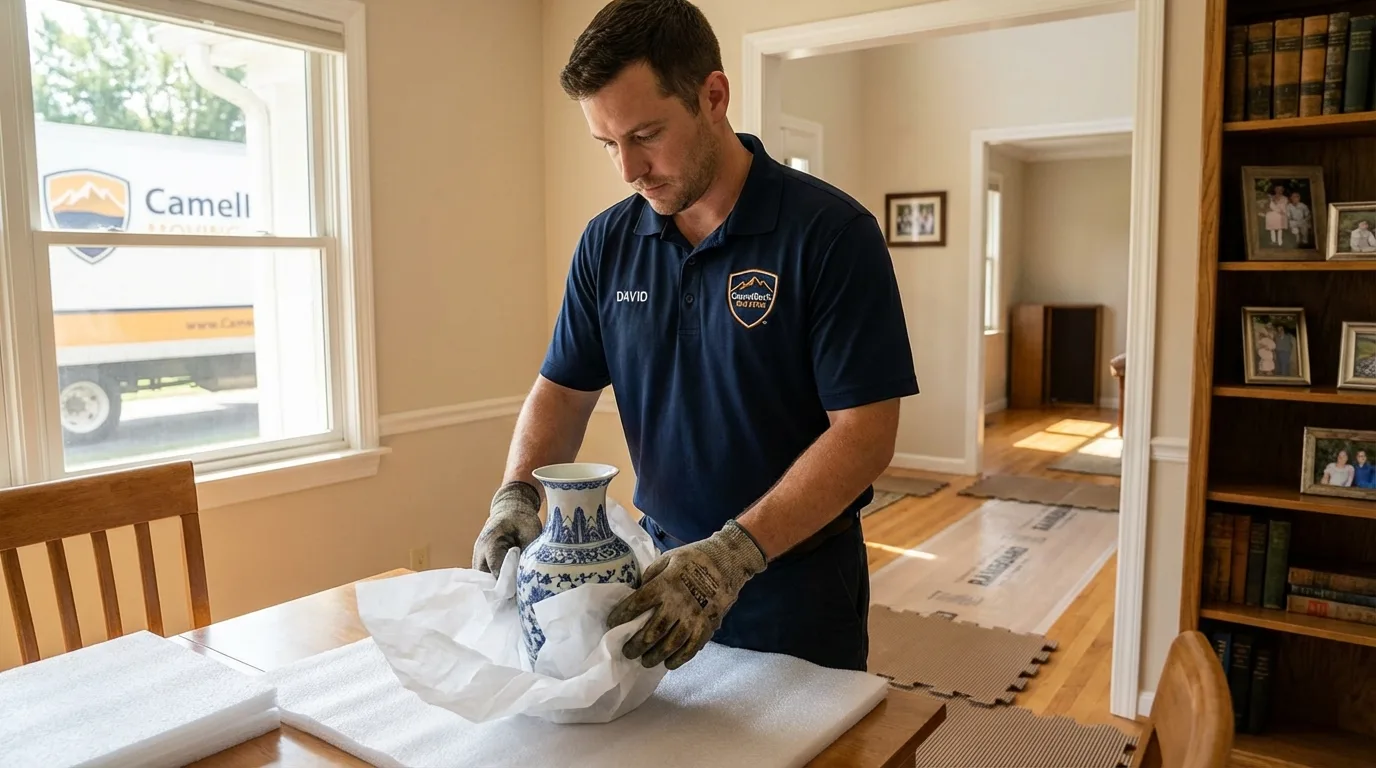 Professional crew carefully wrapping antique vase for senior downsizing move in Elk City, OK